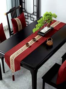 1入組桌旗,新中式幾何圖案茶幾套,防水,桌布、餐墊奢華附