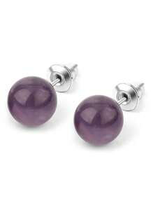 1 Par de pendientes de aro de cristal de piedra natural, bola redonda de cuarzo rosa, amatista de 8 mm, color plateado, joyería de moda simple para mujeres y niñas