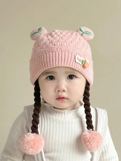 Baby Hat With Faux Hair, Ear Ion, Knitted Winter Cap For Girls, Windproof, Thick, Cozy, Cute, Warm, Suitable For 6-24 Months, Head Circumference: 42-48cm