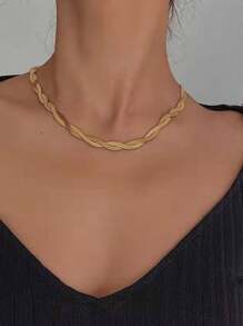 女款金色手工針織不鏽鋼頸鏈，新潮流個性化鎖骨鍊，非碰撞式設計