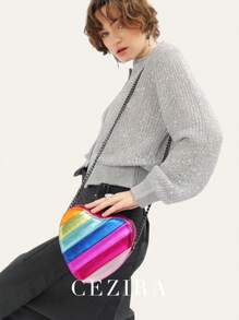 CEZIRA CEZIRA Heart Decor Double Handle Purse Elegant Solid Color Handbag Women's Zipper Shoulder Bag For Work Novelty Heart Shape Purse Contrast Color Rainbow Stripe Women PU Vegan Leather Shoulder Bags Long Chain Cross Body Handbags, Fashionable Rainbow Bag, Fashionable Colorful Purse For Women, Fashionable Heart Purse, Perfectly Match With Valentine's Day Dress