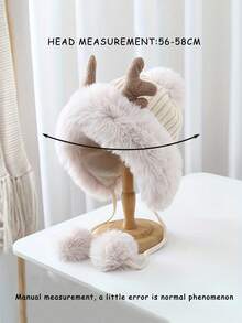 1頂卡其色滑雪帽,中性風格,帶有鹿角毛球和耳瓣,柔軟針織帽,保暖透氣,適用於日常通勤或戶外活動