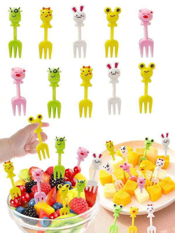 10pcs Cartoon Animal Fruit Forks, Random Color, Mini Size, Suitable For Dessert, Cake, Fruit, Salad,Kitchen,Christmas Gift