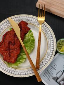 4pcs/24pcs Retro Stainless Steel Flatware Set With Wood Grain Handle, Including Steak Knife, Desert Spoon, Suitable For Kitchen, Hotel, Restaurant, Afternoon Tea And Party Tableware Set - Multicolor - View 4