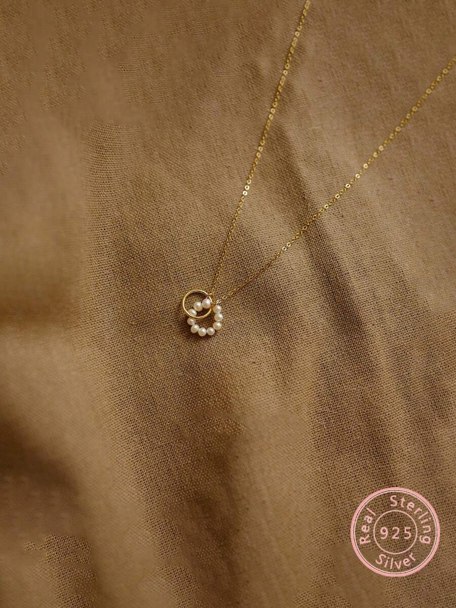 A Beautiful Women's Daily Accessory Faux Pearl In Geometric Circle Design S925 Collarbone Chain - Gold Color - View 1