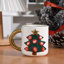 1pc Cartoon Ceramic Christmas Tree Pattern Mug With Gold Rim, No Lid, Couple Breakfast Cup - Green - View 9