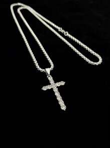 1pc Hip Hop Cross Pendant Necklace With Rhinestone Decor For Men, Street Style And Personalized Fashion Accessory - Silver - View 3