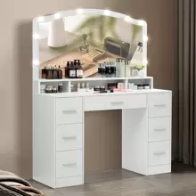 Vanity Desk With Large Lighted Mirror Valentine's Day Gift, 43.3" Makeup Vanity Table With 7 Drawers & 10 Lights Bulbs, 3 Lighting Colors, Make Vanity Desk, Vanity Table For Women Girls - 白色 - 查看 8