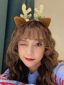 1 件成人毛绒鹿角和猫耳朵圣诞头饰，可爱甜美发饰，适合圣诞节角色扮演鹿耳朵