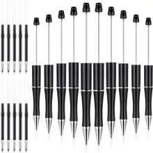 10入組塑料可串珠筆,珠寶原料構造的圓珠筆軸,帶有額外10支筆芯,適用於學校辦公室供應 (黑色)