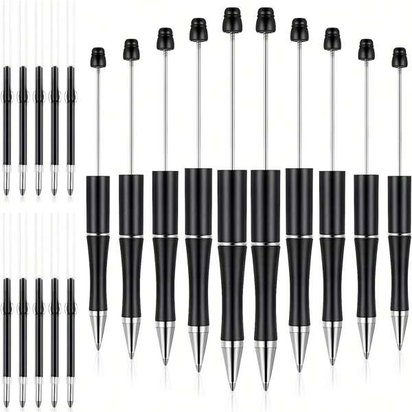 10 Pieces Plastic Beadable Pen Bead Ballpoint Pen Assorted Bead Pen Shaft Black Ink Rollerball Pen with Extra 10 Refills for Students Office School Supplies (Black)