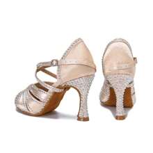 1 Pair Apricot Diamond Decor Satin Fashionable Comfortable High Heeled Latin & Chacha Dance Shoes