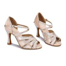 1 Pair Apricot Diamond Decor Satin Fashionable Comfortable High Heeled Latin & Chacha Dance Shoes