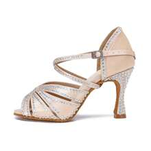 1 Pair Apricot Diamond Decor Satin Fashionable Comfortable High Heeled Latin & Chacha Dance Shoes