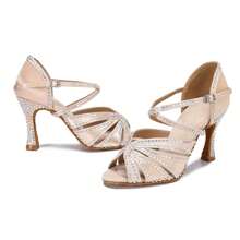 1 Pair Apricot Diamond Decor Satin Fashionable Comfortable High Heeled Latin & Chacha Dance Shoes