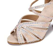 1 Pair Apricot Diamond Decor Satin Fashionable Comfortable High Heeled Latin & Chacha Dance Shoes