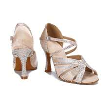 1 Pair Apricot Diamond Decor Satin Fashionable Comfortable High Heeled Latin & Chacha Dance Shoes