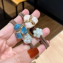 5入組韓式新鮮簡約三葉花結,花卉設計,女孩和女性彈性髮帶,藏藍色 - 藏蓝色 - 查看 4