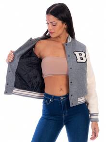Chamarra Beisbolera Para Mujer Con Forro Interior Capitonado - Gris - Ver 5