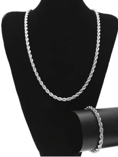 CORDAO Corrente torcido 60cm 4mm + Pulseira TORCIDO 22CM 4MM ACO INOX PRATEADO