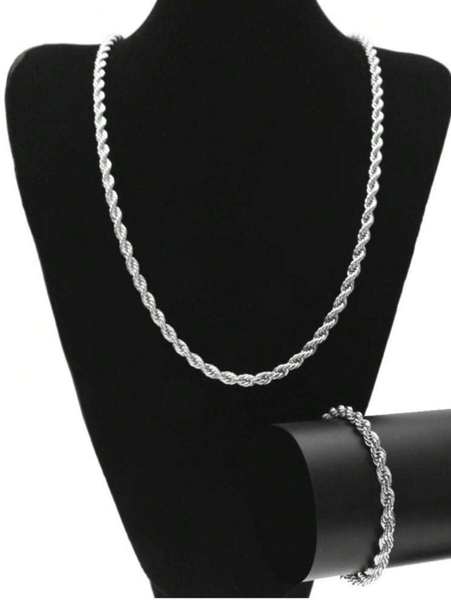 CORDAO Corrente torcido 60cm 4mm + Pulseira TORCIDO 22CM 4MM ACO INOX PRATEADO - Prata - Visão 1