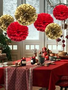 6pcs Red And Gold Tissue Pom Pom Kit Diy Decorative Paper Flower Balls For Christmas New Year's Eve Party, Wedding, Baby Shower, Graduation, Birthday Party Home Outdoor Hanging Decoration