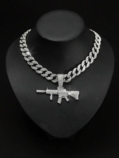 1只男士個性化合金立體鑽石槍吊墜項鍊,歐美男士嘻哈酷炫、霸氣項鍊