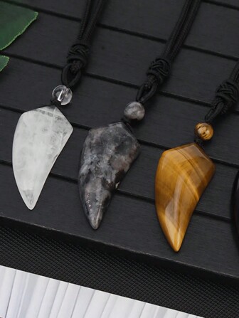1pc Natural Stone Wolf Tooth Pendant Necklace For Man Amulet Tiger Eye Amethyst Rose Quartz Clear Crystal Pendants Halloween Jewelry 2024 New Year Gift