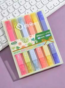 6 支香味双头荧光笔，带柔软方形头，适合学生做笔记、绘画、涂色和涂鸦。极具吸引力的价值，可爱又简单的文具记号笔 - 彩色 - 查看 1