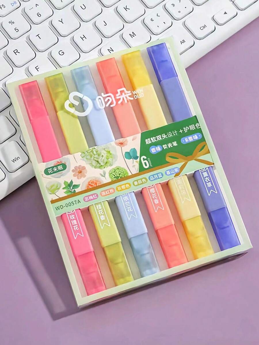 6 支香味双头荧光笔，带柔软方形头，适合学生做笔记、绘画、涂色和涂鸦。极具吸引力的价值，可爱又简单的文具记号笔 - 彩色 - 查看 1