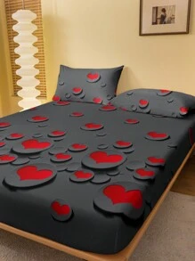 1pc Fashionable Minimalist Style Heart Printed Brushed Fitted Sheet Cover, Dustproof Bedding For Bedroom, Unisex - Multicolor - View 3