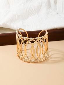 1pc Unique Geometric Hollow Out Grid Design Wide Bangle Bracelet For Women - Yellow Gold - View 4