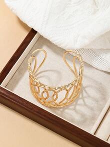 1pc Unique Geometric Hollow Out Grid Design Wide Bangle Bracelet For Women - Yellow Gold - View 5