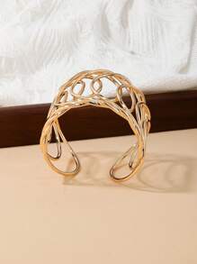 1pc Unique Geometric Hollow Out Grid Design Wide Bangle Bracelet For Women - Yellow Gold - View 2