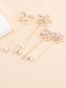 1set/4pcs Women's Simple Faux Pearl & Rhinestone Decor Round Ball Shaped Banquet Brooch