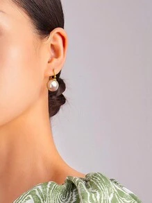 1對時尚簡約優雅人造珍珠耳環，適用於節日、婚禮、派對、日常佩戴展現優雅搭配各種風格。采用925銀製作，適合送禮及增添高時尚Ins元素。婚禮新娘珠寶 - 金黃色 - 查看 3