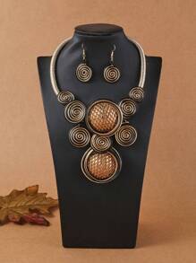 Set de 3 piezas de collar y aretes bohemios, africanos y coreanos hechos a mano con alambre de aluminio multicapa exagerado, brillante para vacaciones, fiestas, playa y estilo vintage