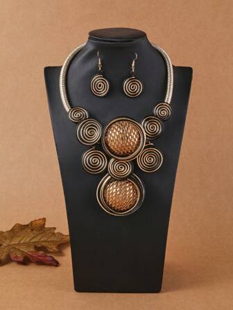 3 件裝誇張多層鋁線編織波西米亞、非洲、韓版時尚復古風格項鍊和耳環套裝,適合假日派對、海灘派對等場合