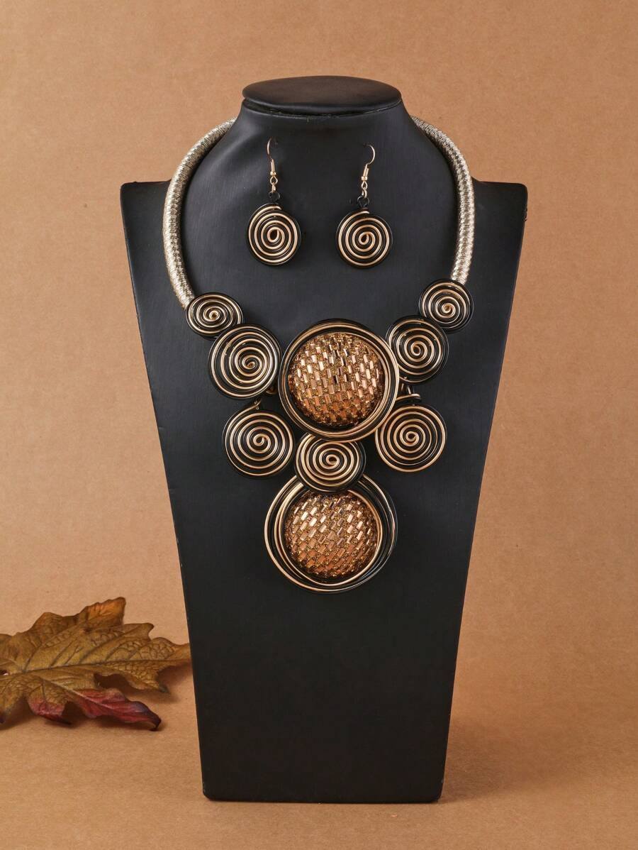 Set de 3 piezas de collar y aretes bohemios, africanos y coreanos hechos a mano con alambre de aluminio multicapa exagerado, brillante para vacaciones, fiestas, playa y estilo vintage