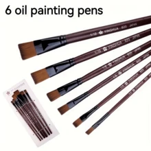 6入組扁平頭木柄尼龍毛油漆刷適用於水彩,油畫,丙烯和手繪