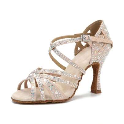 1 Pair Apricot/Black Rhinestone & Pearl Embellished Satin Comfortable High Heel Salsa Cha Cha Latin Dance Shoes