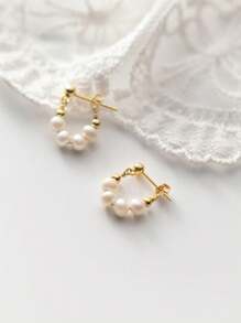 1 Pair Silver Pearl Dangle Earrings, Elegant Design Women Jewelry