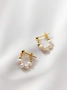 1 Pair Silver Pearl Dangle Earrings, Elegant Design Women Jewelry