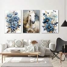 3張藝術海報花朵駿馬家居裝飾畫客廳臥室書房牆壁裝飾帆布畫芯