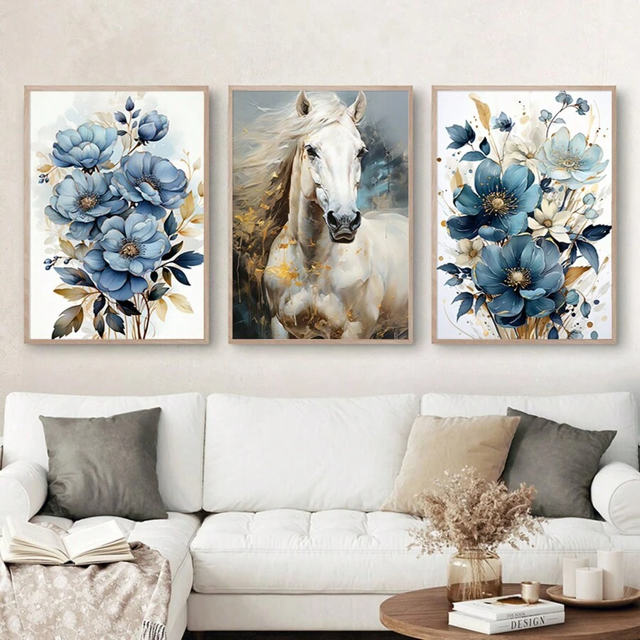 3張藝術海報花朵駿馬家居裝飾畫客廳臥室書房牆壁裝飾帆布畫芯