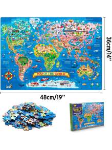 200 Pieces World Map Jigsaw Puzzle, Educational Geography Toy For Children And Adults, Floor Puzzle Learning Game For Boys And Girls - Blue - View 2