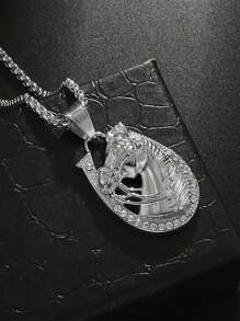 1pc Men's Silver Chain Necklace With Horse Head & Rhinestone Pendant - View 3