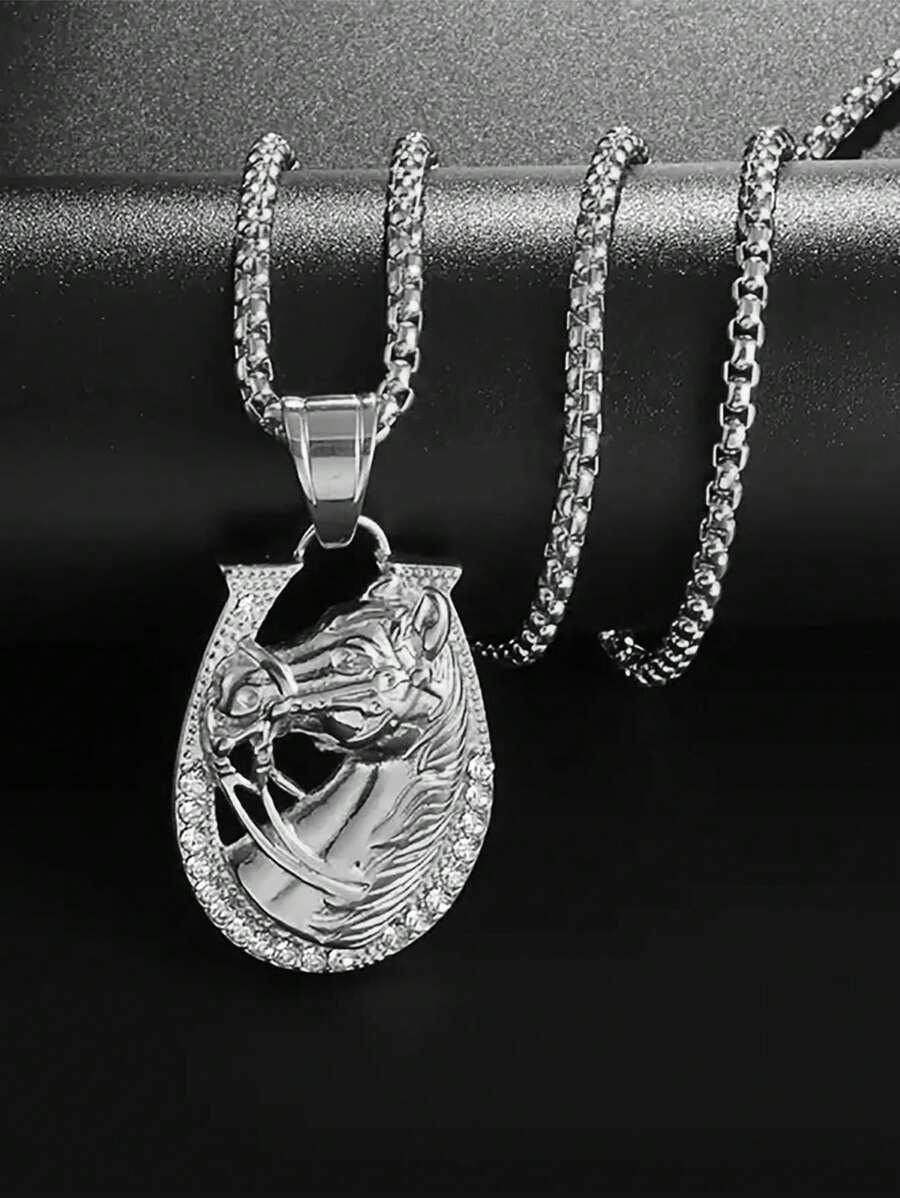 1pc Men's Silver Chain Necklace With Horse Head & Rhinestone Pendant - View 1