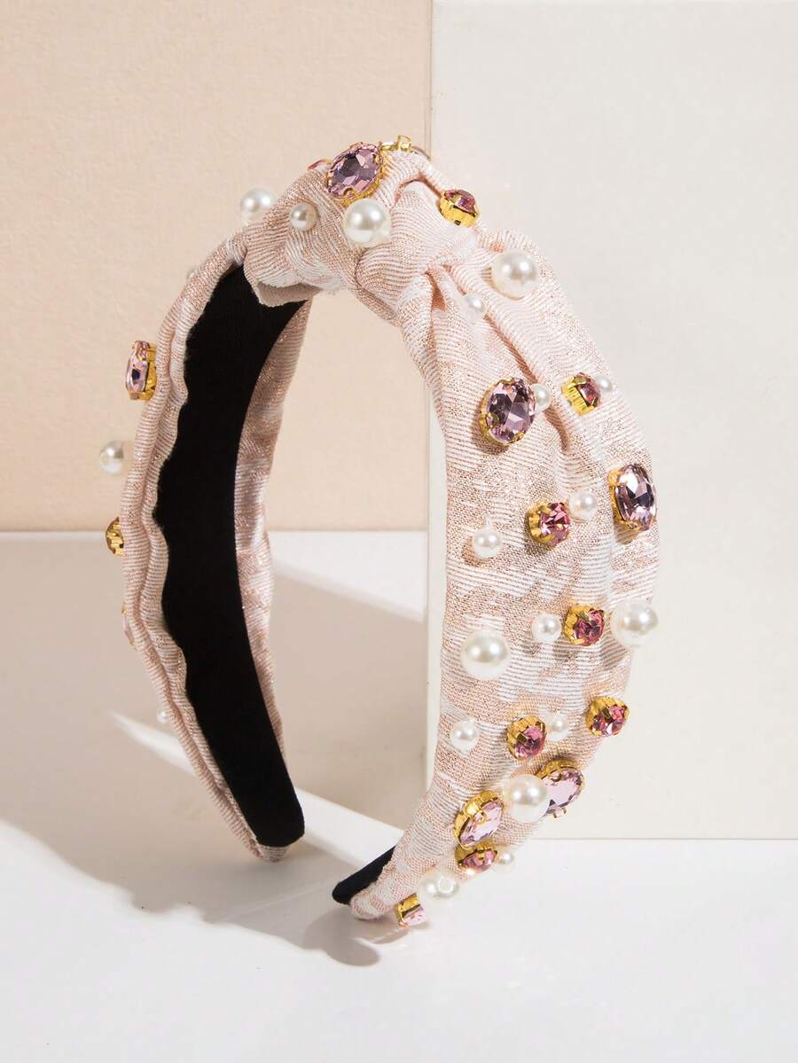 1件女士閃爍布料寶石和珍珠裝飾派對發箍 - 粉色 - 查看 1