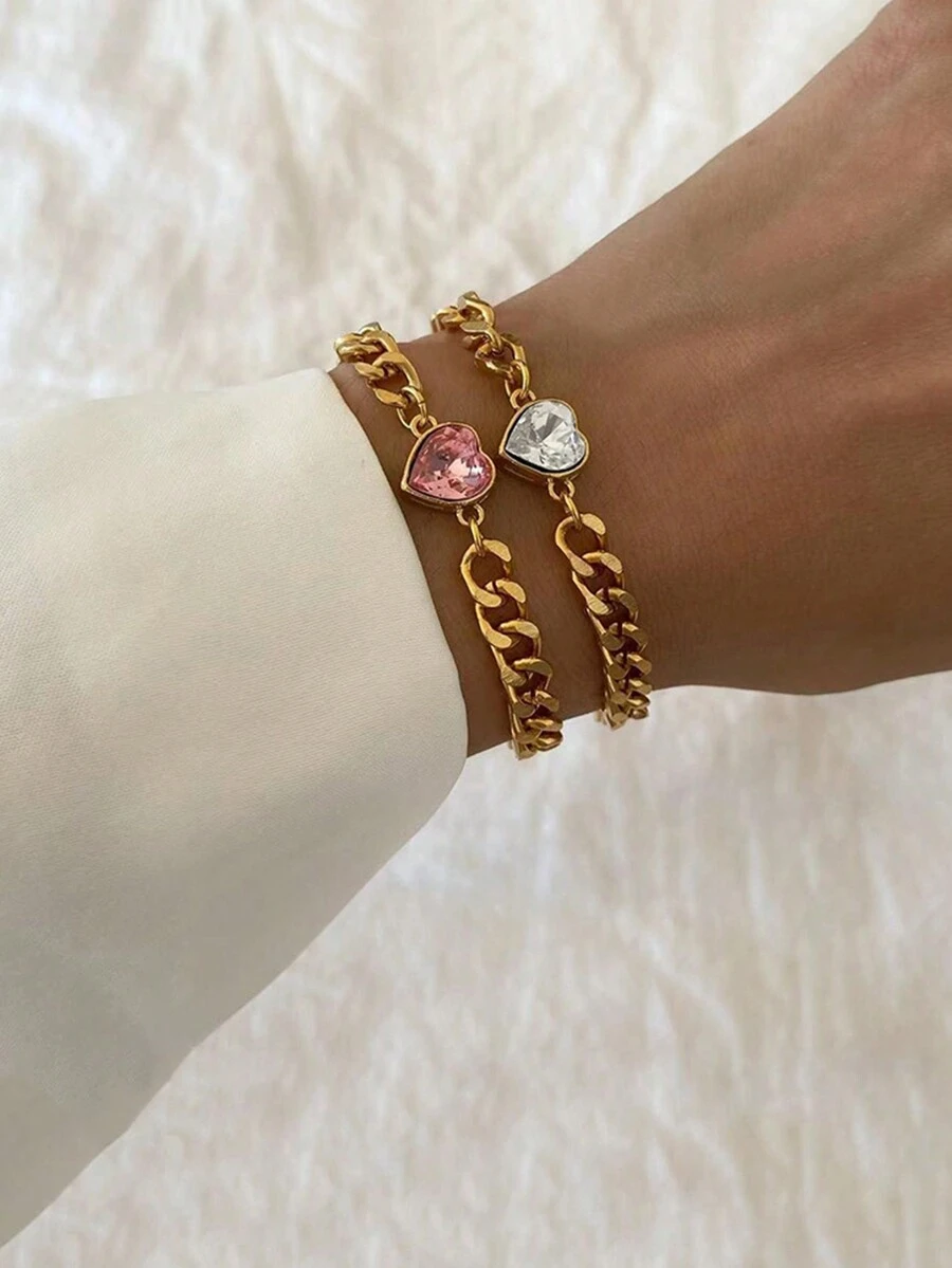 Double Layer Heart Charm Gold Bracelet - Multicolor - View 1